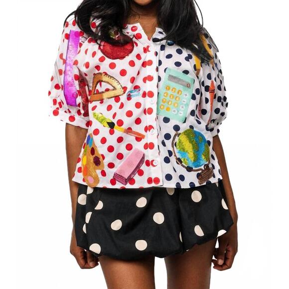 QUEEN OF SPARKLES Tops - NEW QUEEN OF SPARKLES colorblock polka dot teacher icon button up top in multico